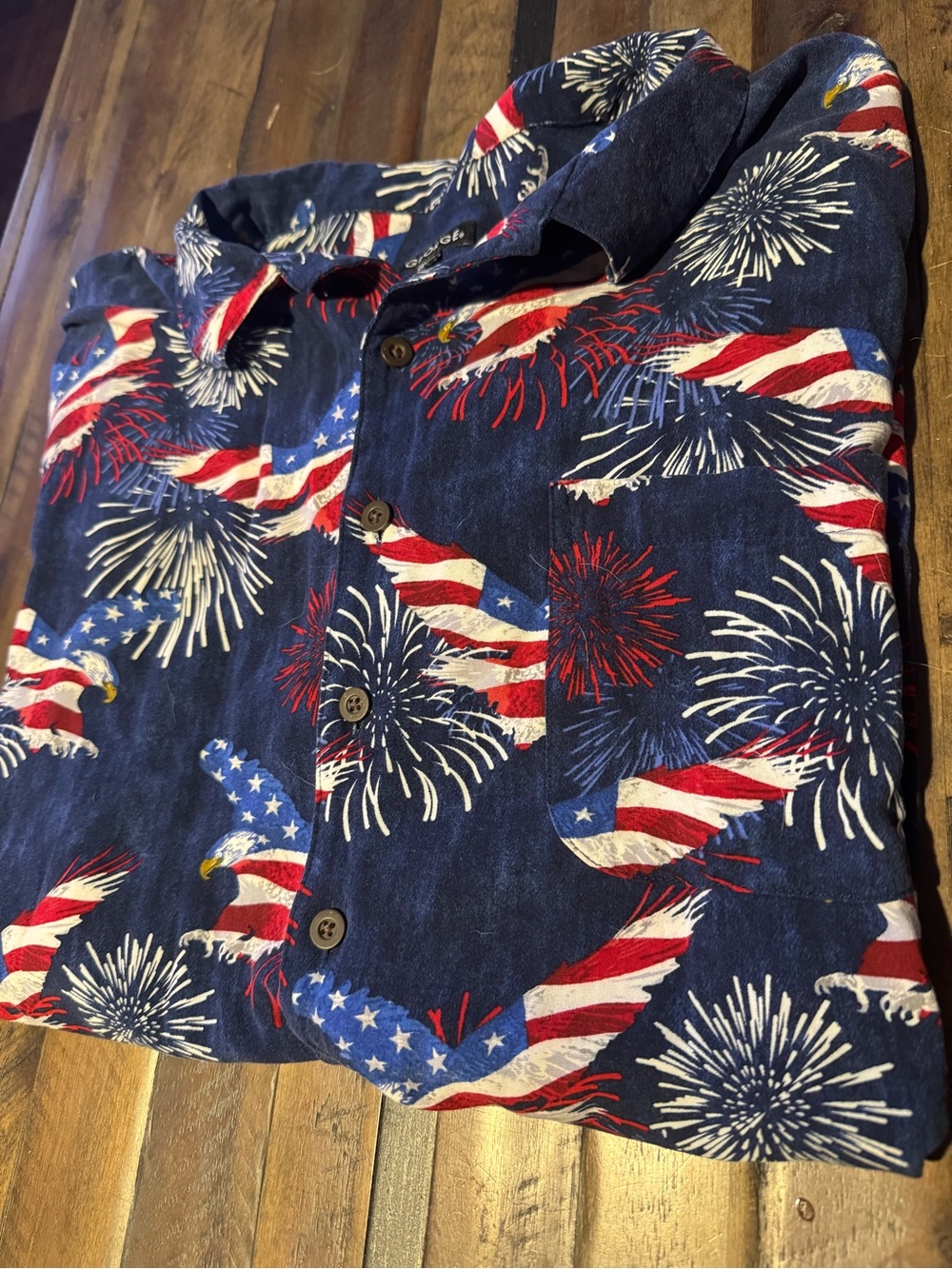 George Patriotic Navy Blue Red White Eagle Print Button-Down Shirt